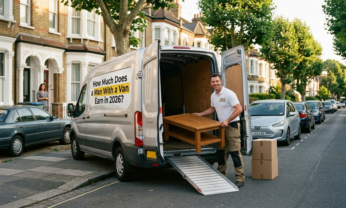 A courier loading furniture into a delivery vehicle, showing how much does a man with a van earn.