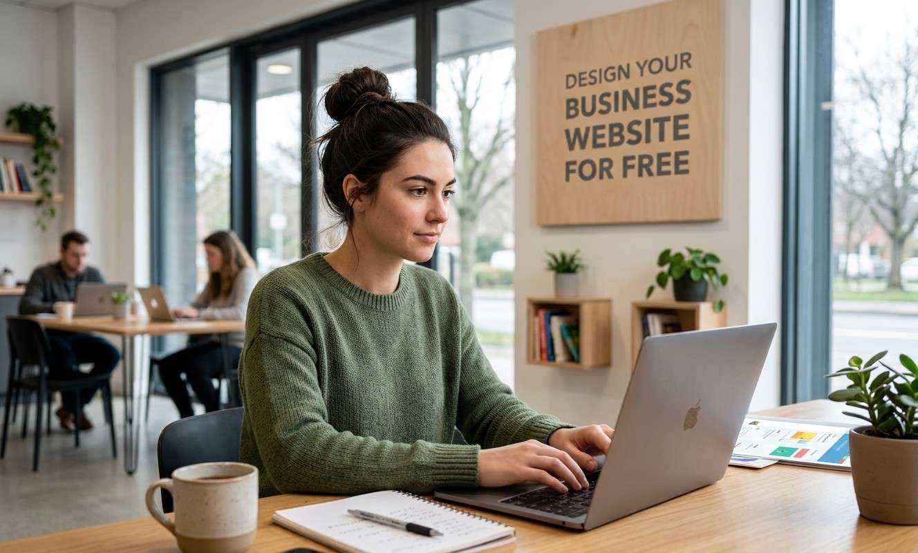 Woman learning how to create a website for business for free on her laptop in a modern, bright coworking space.