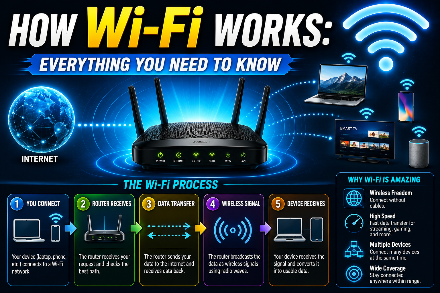 how wi-fi works infographic showing a wireless router receiving internet data and transmitting it through radio waves to connected devices such as laptops, smartphones, smart TVs, and smart speakers, illustrating the complete process of how wi-fi works with a modern technology-themed background.