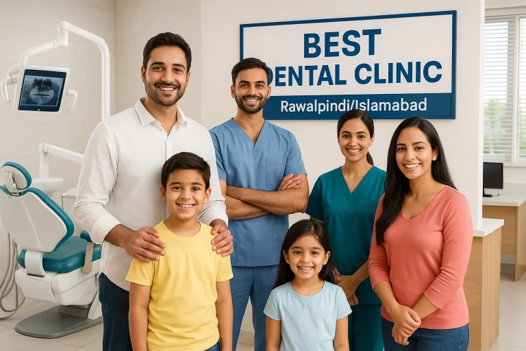 Smiling family with two children standing beside friendly dental professionals at the Best Dental Clinic in Rawalpindi/Islamabad.