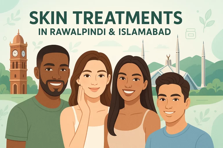 Illustration of diverse individuals with healthy skin in front of iconic Rawalpindi and Islamabad landmarks, promoting skin treatments in Pakistan.