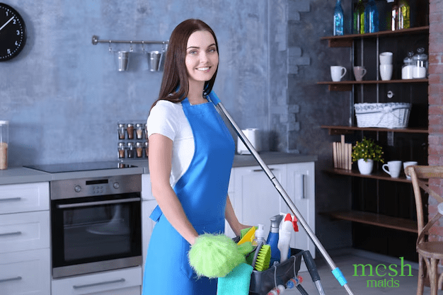 Young female professional cleaner with supplies at Langley home