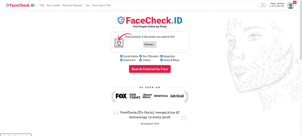 Image of the Facecheck.id homepage, emphasizing its popular face search tool and social media result accuracy.