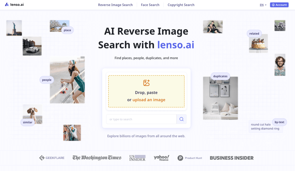 Lenso.ai Hosalai reverse image search interface showcasing Lenso.ai, the top-rated face search tool for accuracy and speed.