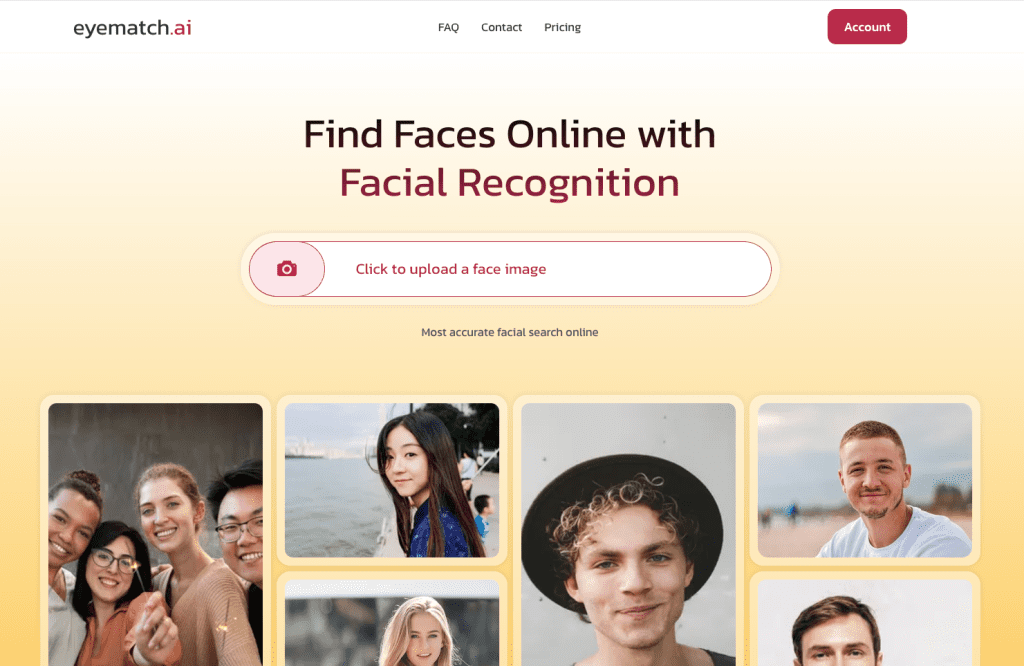 Eyematch.ai Eyematch.ai homepage featuring a user-friendly facial search tool known for its highly accurate top results despite some inaccuracies.