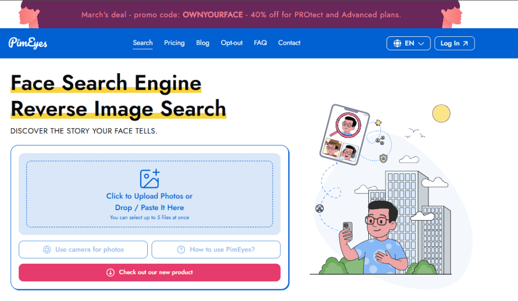 Pimeyes.com Pimeyes interface showcasing a face search engine, recognized for its high accuracy in reverse image searches.