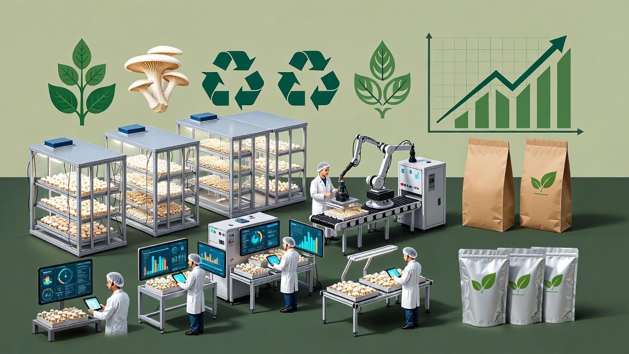 Modern mushroom farm with automation and sustainable packaging.