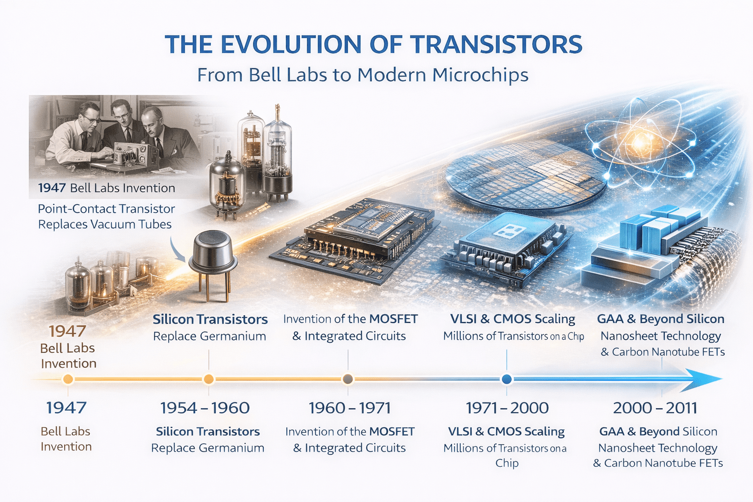 This infographic illustrates the evolution of transistors from the 1947 Bell Labs invention to modern microchips. It highlights key milestones including silicon transistors, MOSFET technology, CMOS scaling, and FinFET architectures. The timeline visually explains the evolution of transistors that enabled semiconductor miniaturization and powerful computing devices. The graphic shows how transistor innovation shaped today’s advanced microprocessors and electronics.