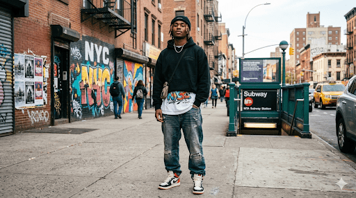 Young man wearing modern streetwear standing on a New York City street representing the style of Greedy Unit Clothing.